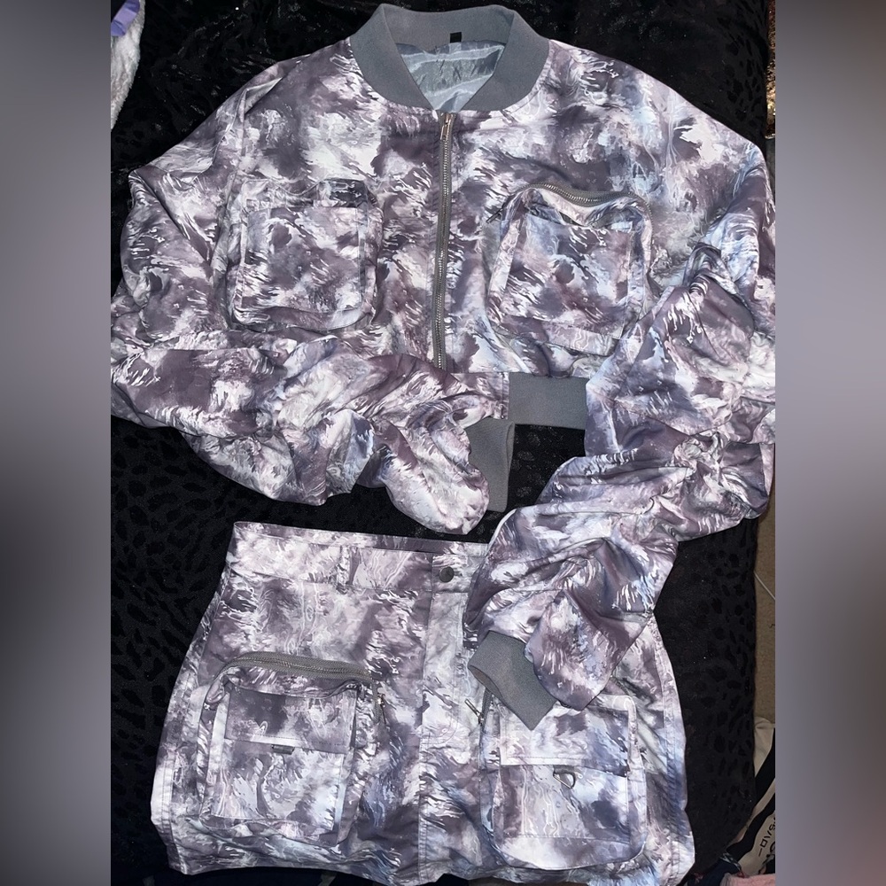 Gray and White Camouflage Jacket and skirt Set